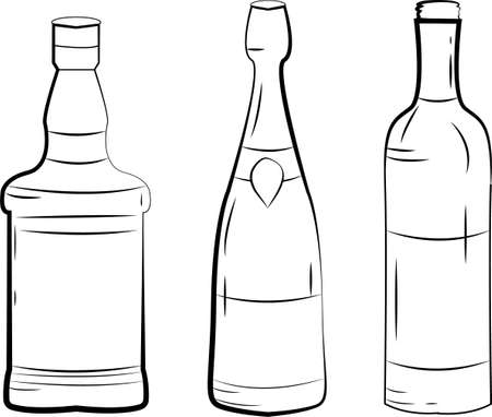Sketch of glass bottles for wine, juice, beer, whiskey, glass gobletsのイラスト素材