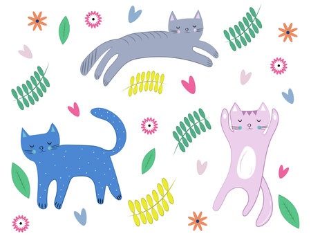 Colorful background with colorful cats, flowers, plants, cartoon cats, cats set, petsのイラスト素材