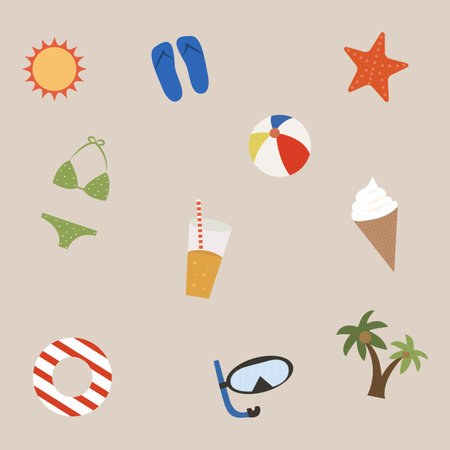Summer set of things, beach collection, swimsuit, sun, cocktail, ball, glasses, life buoy, scuba...