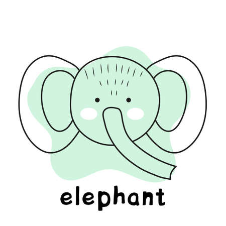 Vector minimalistic isolated character. Cute elephant in doodle style with lettering. Colorful flat illustration for your creativity.のイラスト素材