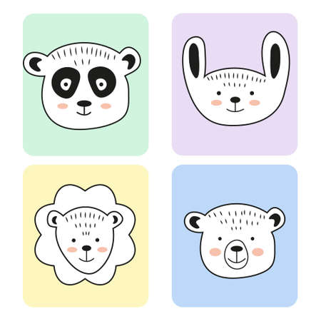Vector cute characters in doodle style. Colorful background with cartoon animals. Colored flat illustration for your creativity.のイラスト素材