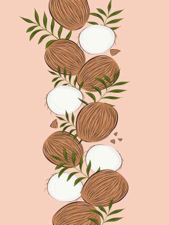 Vector collection of coconuts. exotic fruit. palm leaves. Colored flat illustration. Colorful background, banner.のイラスト素材