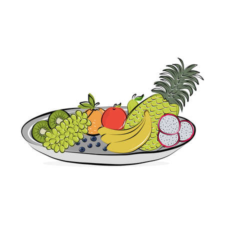 Vector isolated plate with ripe fruits on a white background. Colorful flat illustration.のイラスト素材