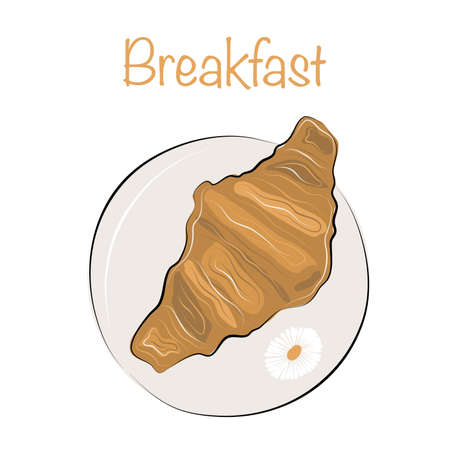 Vector isolated croissant on a plate. Chamomile flower. Tasty breakfast. Card with text. Colorful flat illustration.のイラスト素材