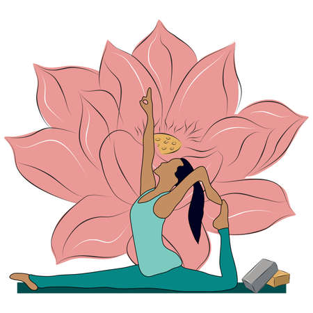 yoga practice. Cover for invitations for the class of asanas. Lotus flower on the background. Colorful flat illustration.のイラスト素材