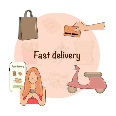 Vector collection of food delivery. mobile app. Payment by card. Disposable cutlery and wipes. Drinks and food. Colorful flat illustration.のイラスト素材