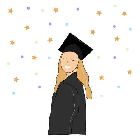 Vector isolated girl. Master's graduation. Happiness and joy. university. student. Colorful flat illustration.のイラスト素材