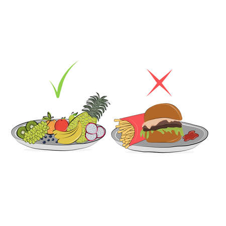 A plate of fruit and a plate of burger and fries. Choice. healthy lifestyle. fast food. Vector flat illustration.のイラスト素材