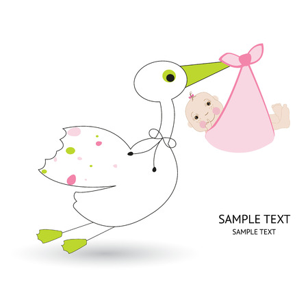 Newborn baby girl with stork vector greeting cardのイラスト素材