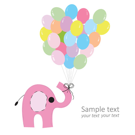 Pink elephant with colorful balloons baby greeting card vectorのイラスト素材