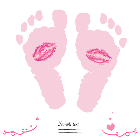 Baby girl feet prints with kiss vector baby arrival greetingのイラスト素材