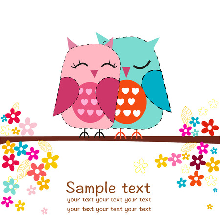 Couple owls with flowers greeting cardのイラスト素材