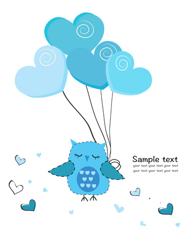 Cute owl with hearts balloon greeting cardのイラスト素材