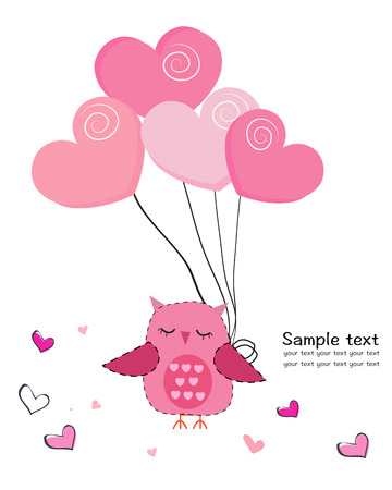 Cute owl with hearts balloon greeting cardのイラスト素材