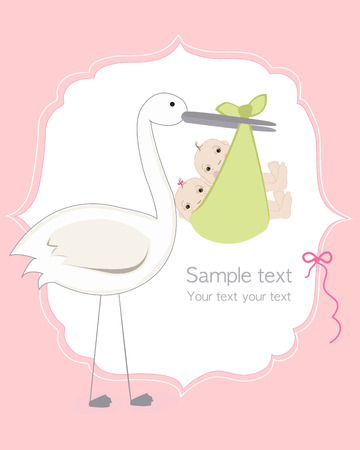 Twin baby girl and boy with stork baby arrival cardのイラスト素材