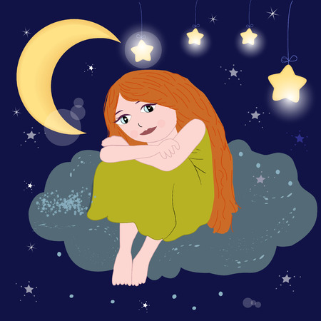 Cute girl sitting on the cloud night sky vectorのイラスト素材