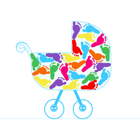 Baby stroller vector background with colorful baby footのイラスト素材