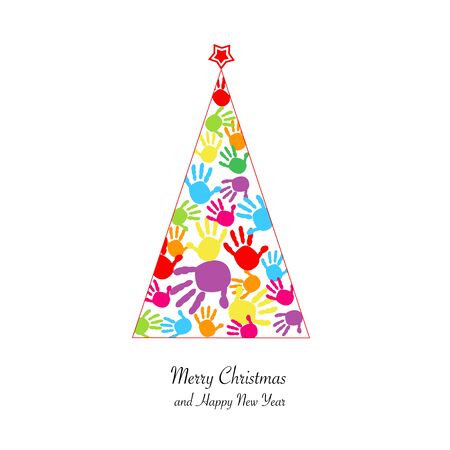 Christmas tree with colorful hand print baby vector backgroundのイラスト素材