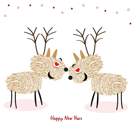 Rein Deers with finger prints Happy new year greeting card vectorのイラスト素材
