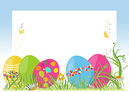 Happy Easter card with colorful eggs in grass vector backgroundのイラスト素材