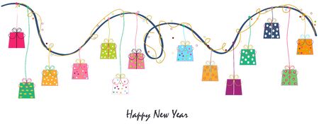 Happy new year gift box hanging colorful vector backgroundのイラスト素材