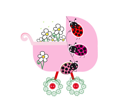 Baby shower vector greeting card. Baby stroller and lady birds vector backgroundのイラスト素材