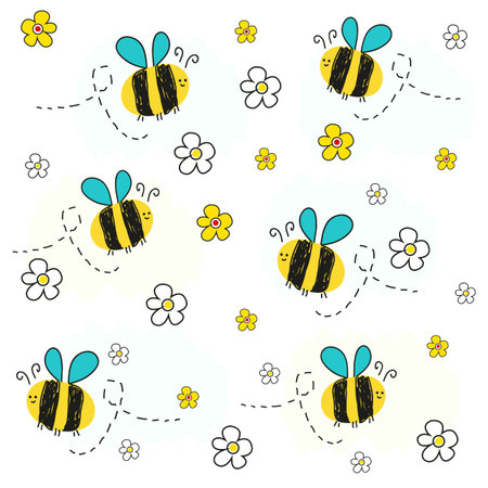 Bee vector with daisy flower. Spring pattern vector backgroundのイラスト素材