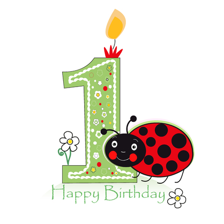 Happy second birthday candle. Baby greeting card with daisy and ladybird vectorのイラスト素材