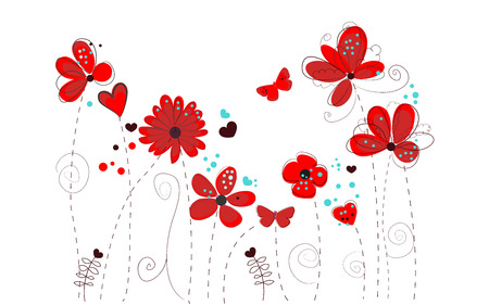 Spring time flowers doodle red vector backgroundのイラスト素材