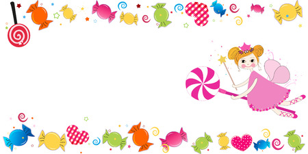 Colorful sweet candies. Traditional candies for Seker Bayram holiday. Greeting Card vector illustration. Lovely fairy with candy vector illustrationのイラスト素材