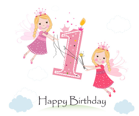Happy first birthday with cute fairy tale greeting card vectorのイラスト素材