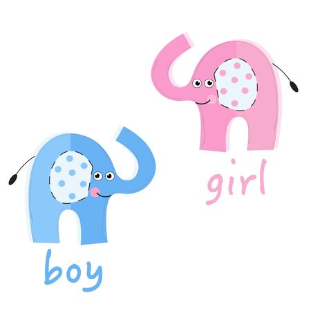 Twin baby girl and boy greeting card. Baby elephants baby shower vector backgroundのイラスト素材