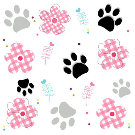 Paw prints with plaid pattern abstract flower vector background illustratoのイラスト素材