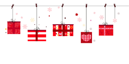 Happy new year gift boxex hanging vector illustration. Merry Christmas greeting cardのイラスト素材