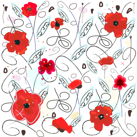 Decorative red poppy flowers abstract pattern background. Red poppies watercolor background vector illustrationのイラスト素材