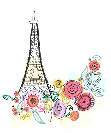 Eiffel tower and summer flowers vector illustration greeting cardのイラスト素材