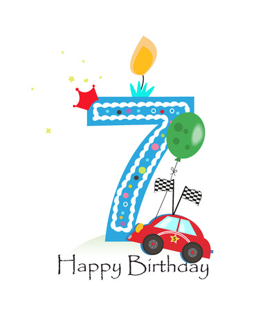 Happy seventh birthday candle. Baby boy greeting card with race car vector illustrationのイラスト素材