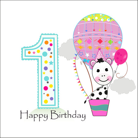 First birthday with hot air balloon. Happy birthday greeting cardのイラスト素材