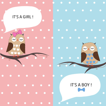 Cute baby owls. Baby girl and baby boy owl. Baby shower greeting cardのイラスト素材