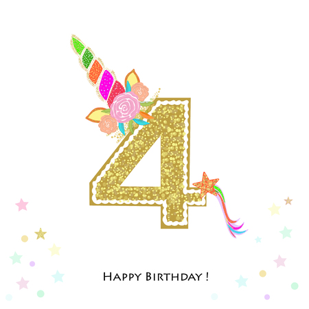 Four. Fourth birthday. Colorful unicorn birthday invitation. Baby showerのイラスト素材