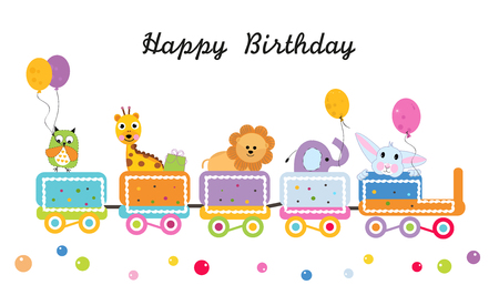 Happy birthday train with animals vector. Colorful greeting cardのイラスト素材