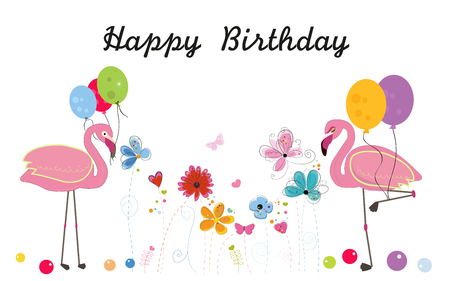 Holding balloon flamingos. Spring time colorful doodle flowers vector backgroundのイラスト素材