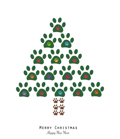 Christmas tree made of paw print. Christmas pine tree. Merry Christmas and Happy New Yearのイラスト素材