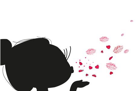 Silhouette of a cutie girl who sends an air kiss and hearts vector illustration