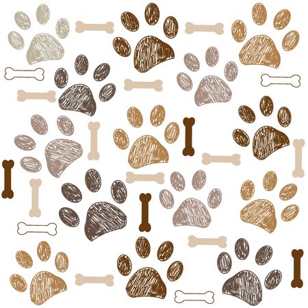 Seamless pattern for textile design. Brown doodle paw print and bones pattern light brown backgroundのイラスト素材
