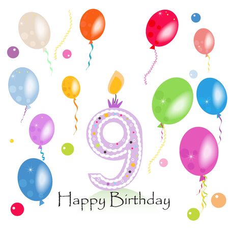 Happy ninth birthday candle vector with colorful confetti and balloons vector illustrationのイラスト素材