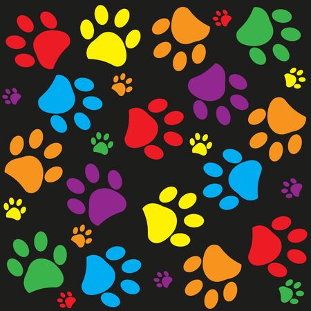 Doodle colorful paw prints with hearts seamless fabric design pattern vector black backgroundのイラスト素材