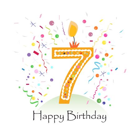 Happy seventh birthday candle vector with colorful confetti and balloons vector illustration backgroundのイラスト素材