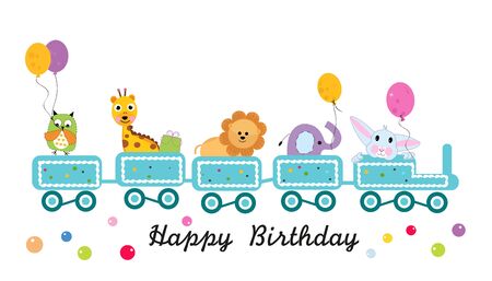 Happy birthday train with animals. Greeting cardのイラスト素材