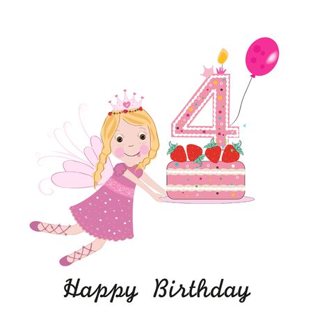 Fourth birthday greeting card. Cute fairy holding cakeのイラスト素材